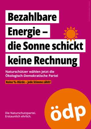 ÖDP-Wahlplakat: Bezahlbare Energie – die Sonne schickt keine Rechnung
